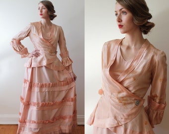 Antique 1800s - Early 1900s Pink Dress and Jacket Ensemble with Hand Painted Flower Details | AS IS