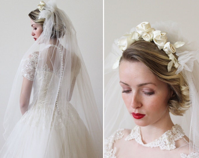 Vintage Bridal Veil With Attached Satin Rose Flower Crown Etsy