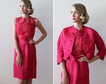 Vintage 1950s - 60s Pink Silk Party Dress with Floral Details and Matching Jacket