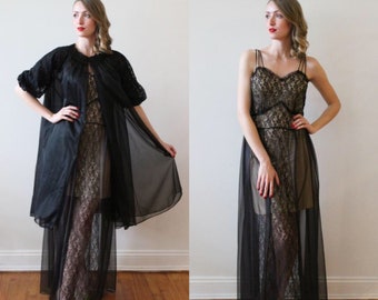 Vintage 1950s - 60s Black Lace Night Gown Peignoir Set