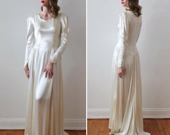 Vintage 1930's Classic Silk Charmeuse Satin Long Sleeve Wedding Dress