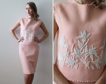Vintage 1960's Pink Knit Ensemble with White Floral Beadwork Details