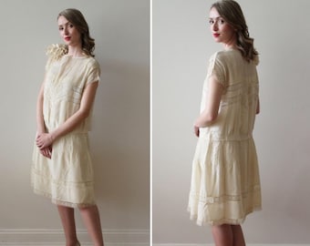 Vintage 1920s Short Sleeve Wedding Dress with Ribbon Puff Detail