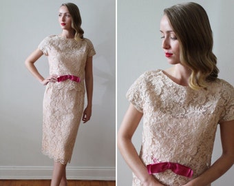 Vintage 1950's -60's Pink French Lace Party Dress - Bow Detail