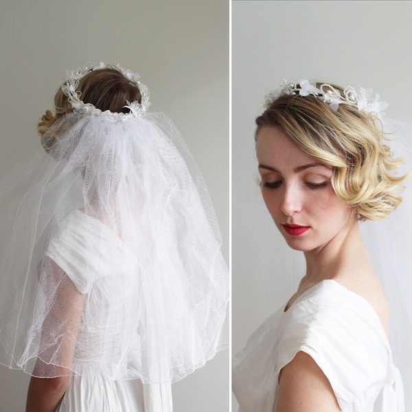 Vintage 1980s Flower Crown with Attached Veil