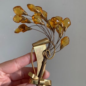 Vintage 1930&#39;s Art Deco Amber Crystal Gold Bow Bouquet Brooch