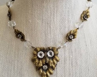 Vintage 1920s Crystal and Gold Tone Necklace - Leaf Designs, Unique Chain, Wedding Jewelry