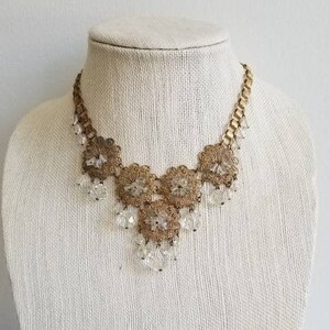 Vintage 1920s-1930s Crystal tone and Gold tone Statement Necklace - Filigree detail, Bridal Jewelry