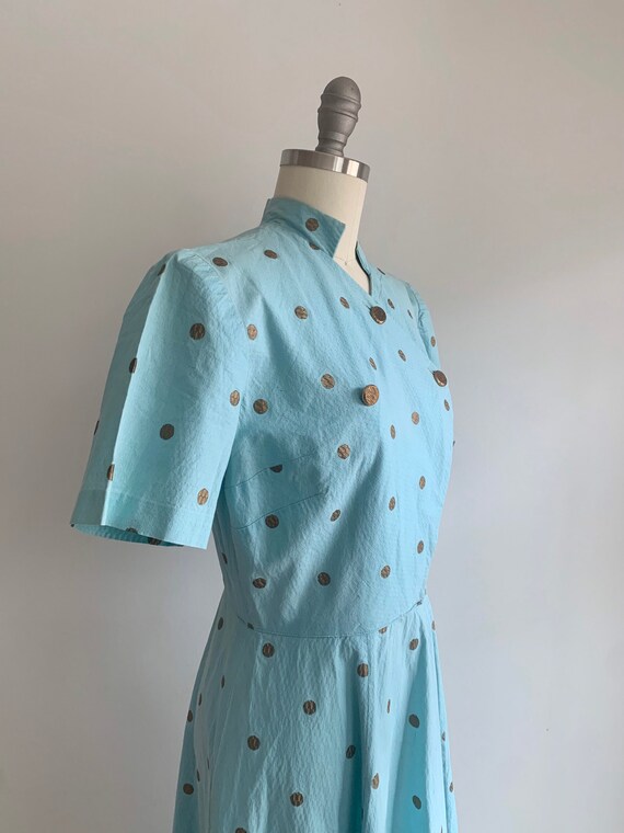 Vintage 1950's Blue and Gold Polka Dot Day Dress … - image 6