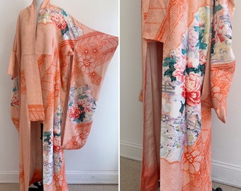 Vintage Orange Textured Silk Japanese Kimono with Intricate Floral Landscape Design