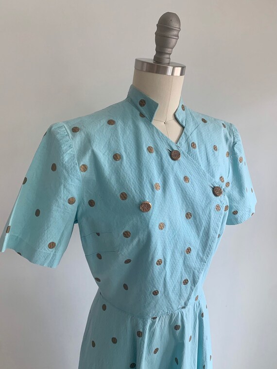 Vintage 1950's Blue and Gold Polka Dot Day Dress … - image 4