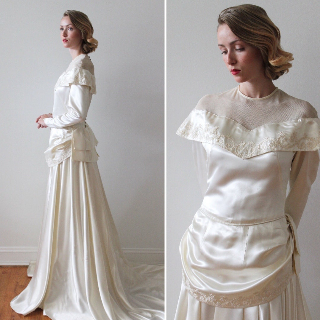 Vintage 1940s Long Sleeved Satin Gown With Embroidered Details - Etsy
