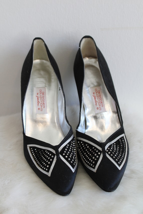 Vintage Black High Heels with Rhinestone tone Deta