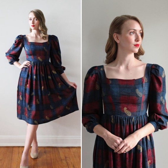Vintage 1980's Maroon and Navy Party Dress with P… - image 1