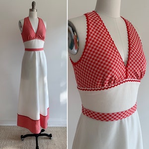 Vintage 1970s Red and White Gingham Rick-Rack Party Dress