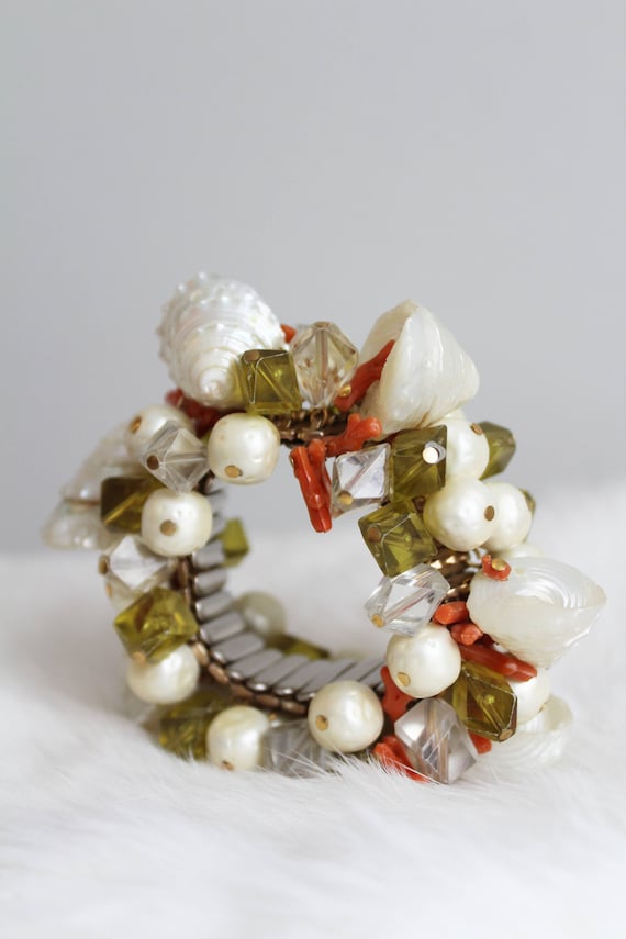 Vintage Shell Pearl Coral Bead Expandable Stateme… - image 8