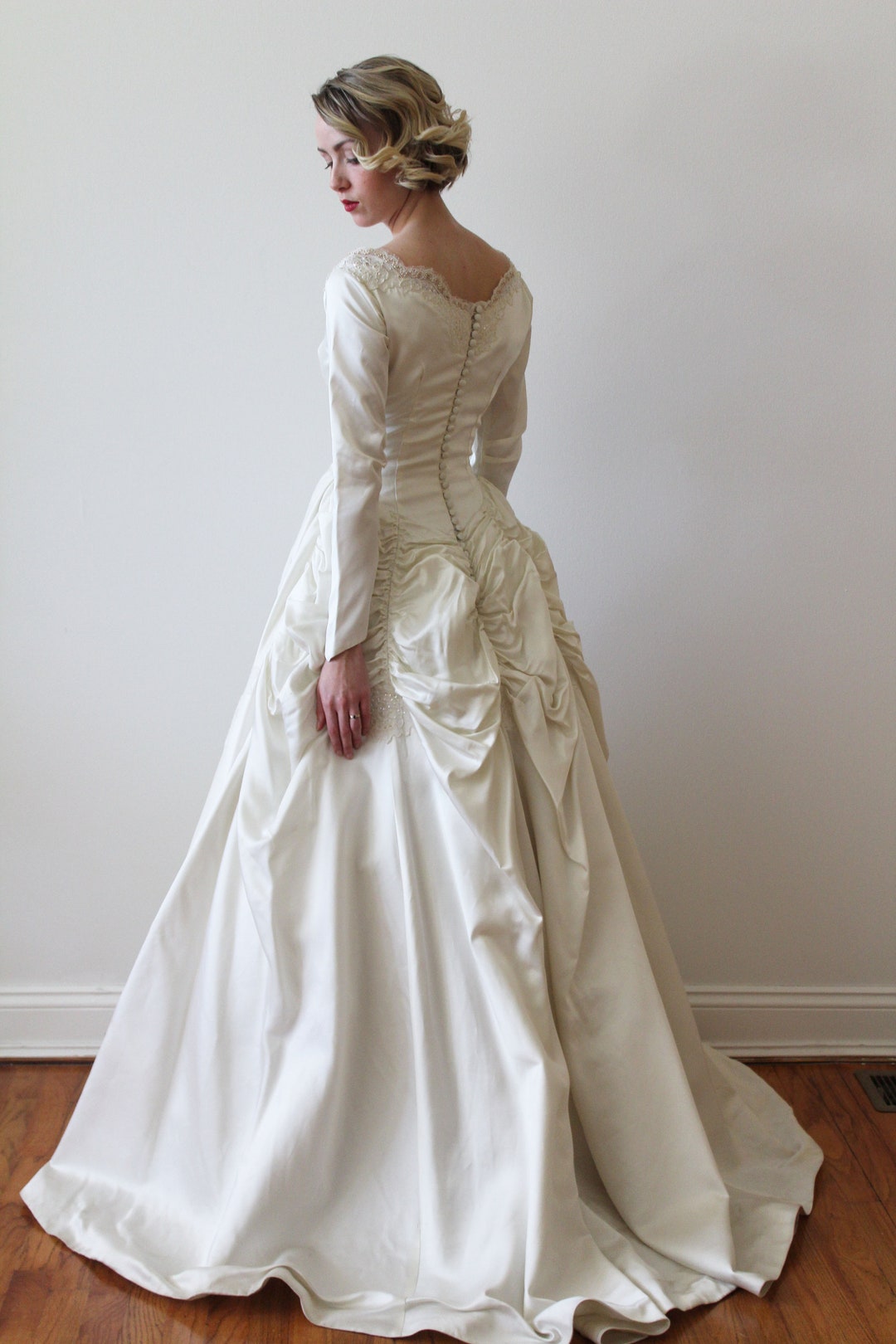 Vintage 1950s Slight off the Shoulder Long Sleeved Satin Wedding Dress ...