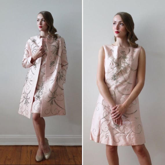 Vintage 1960's Beaded Pink Mini Dress and Matching Jacket Ensemble Vintage 1960's Beaded Pink Mini Dress and Matching Jacket Ensemble