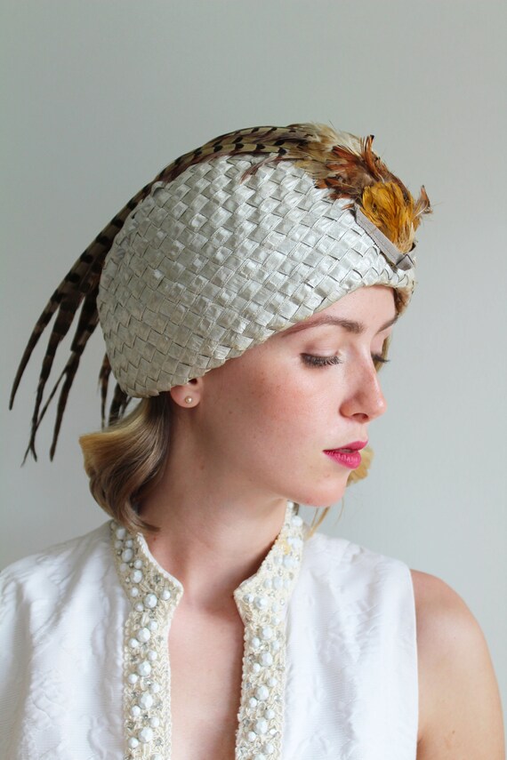 Vintage Woven Silver Hat with Pheasant Feather De… - image 3