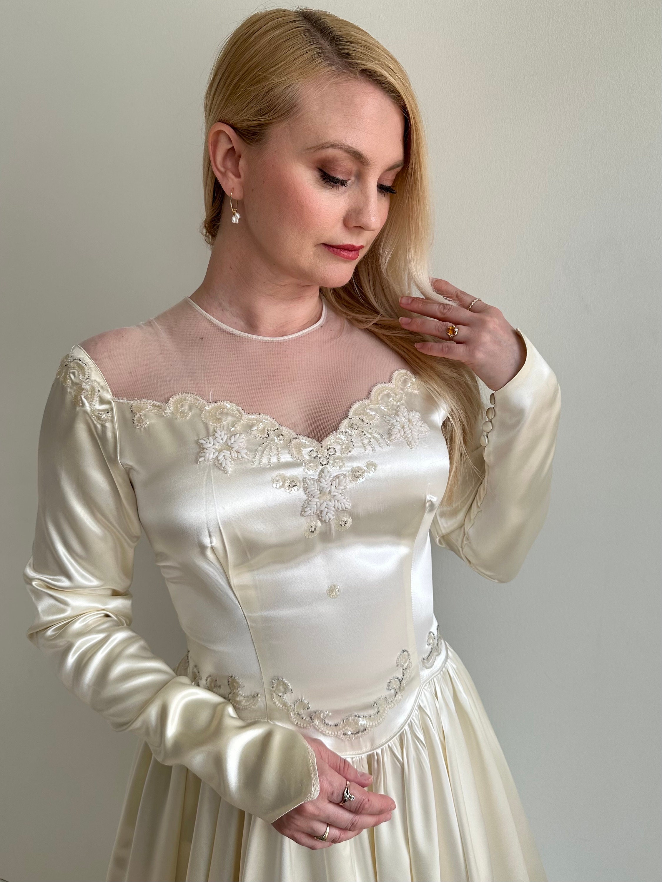 Vintage 1940s Slipper Satin Wedding Gown With Illusion Neckline