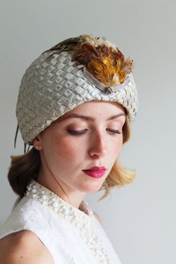 Vintage Woven Silver Hat with Pheasant Feather De… - image 5