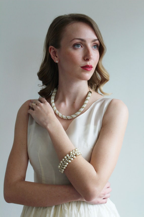 Vintage Faux Pearl and Crystal Necklace - image 2