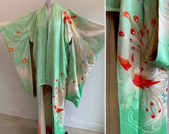 Vintage Light Green Silk Japanese Kimono with Cloud Design and Red Peacock/Bird