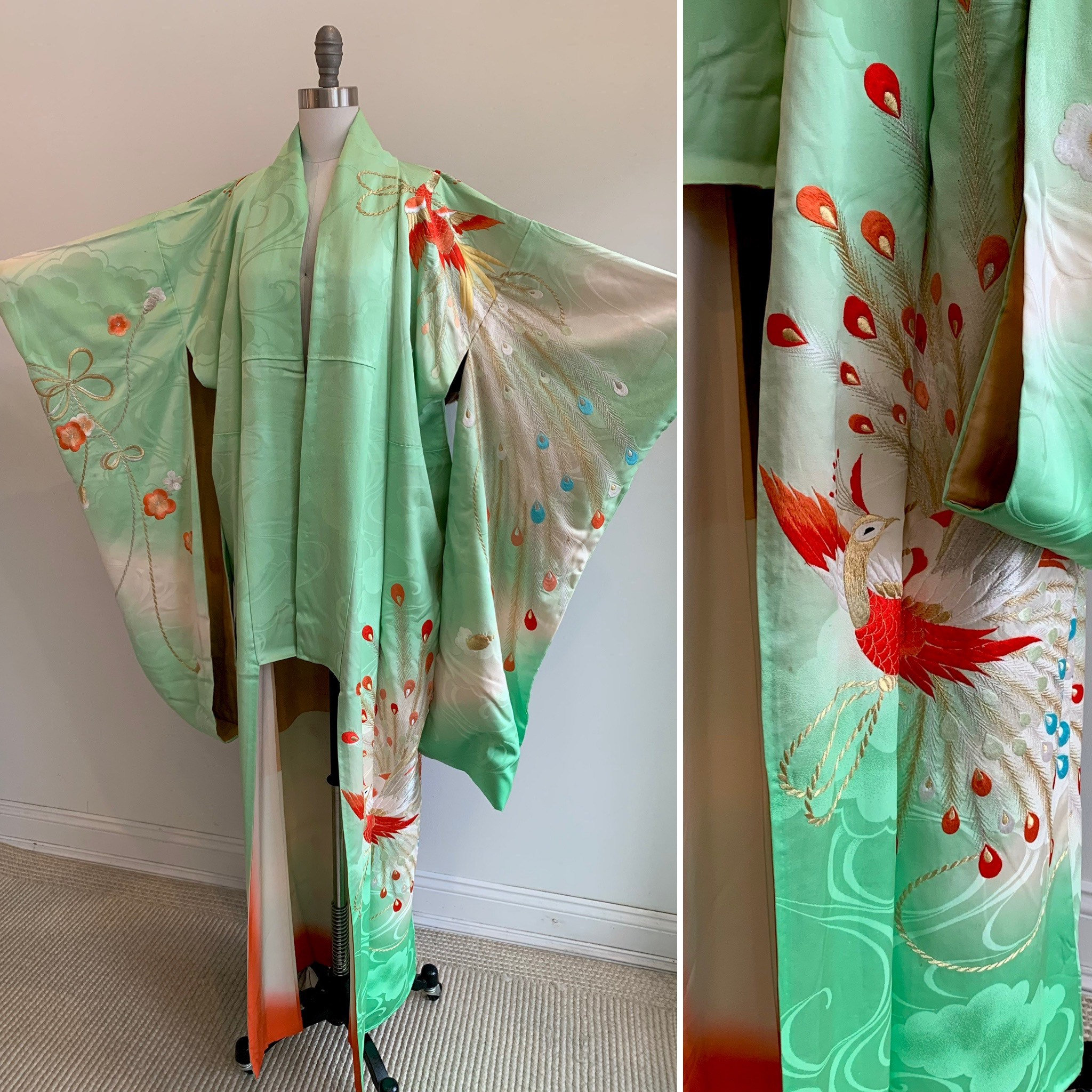 Vintage Light Green Silk Japanese Kimono With Cloud Design