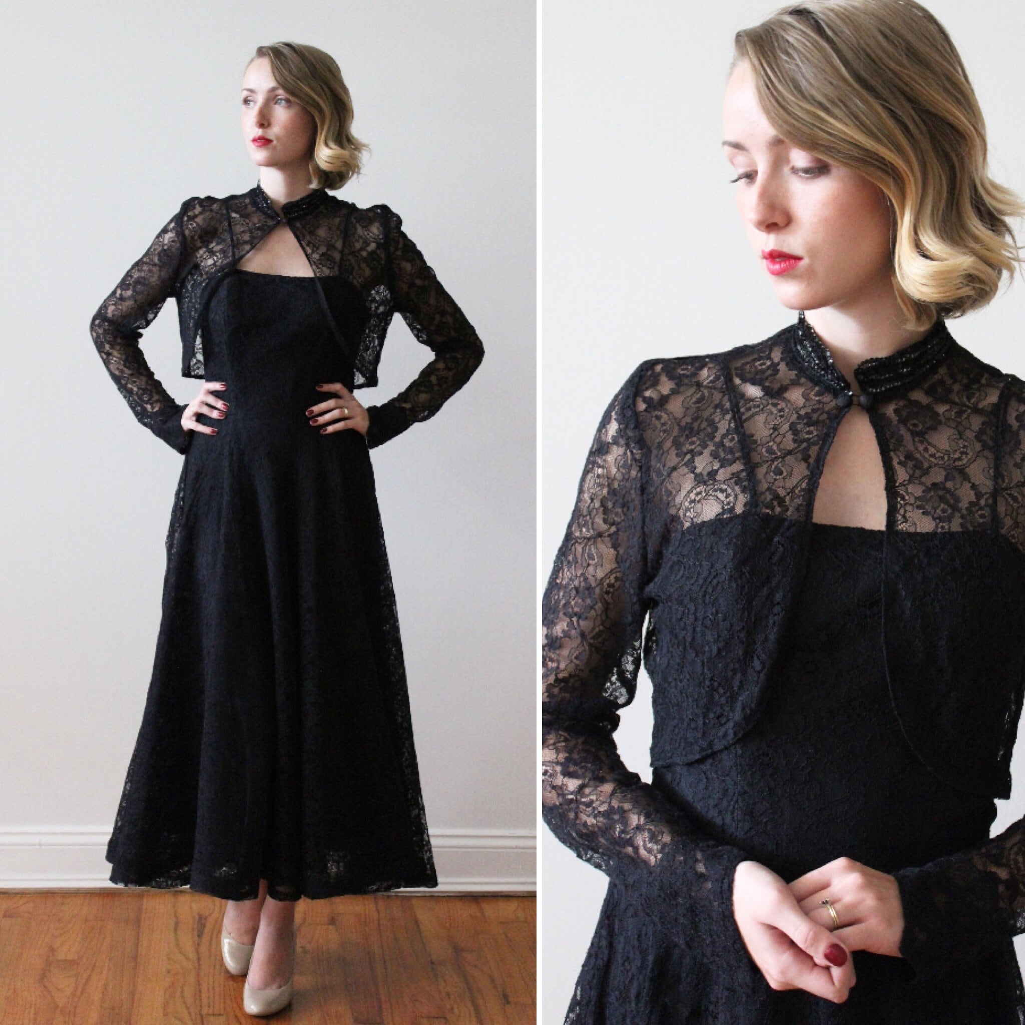 AMERI　Vintage　Antique Lace Dress / Black Vintage 1950s - 60s Black Lace Party Dress With Matching