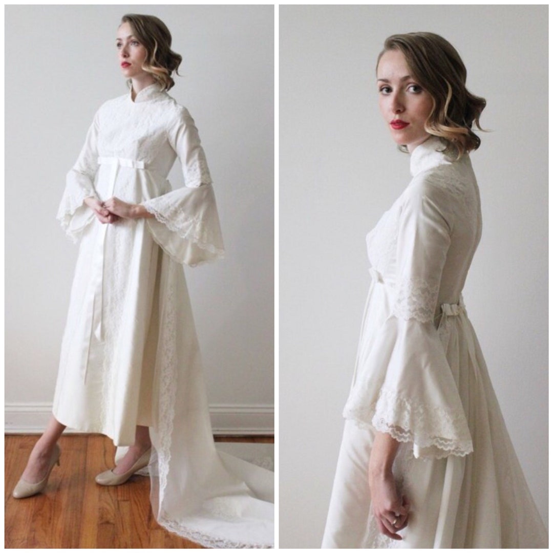 Vintage 1960s High Neck Wedding Dress With Butterfly Sleeves and ...