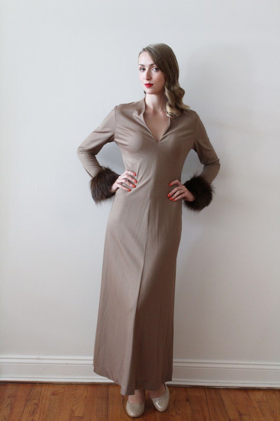 Vintage 1970's Brown Long Sleeve Party Dress with Faux Fur Detail Cuffs