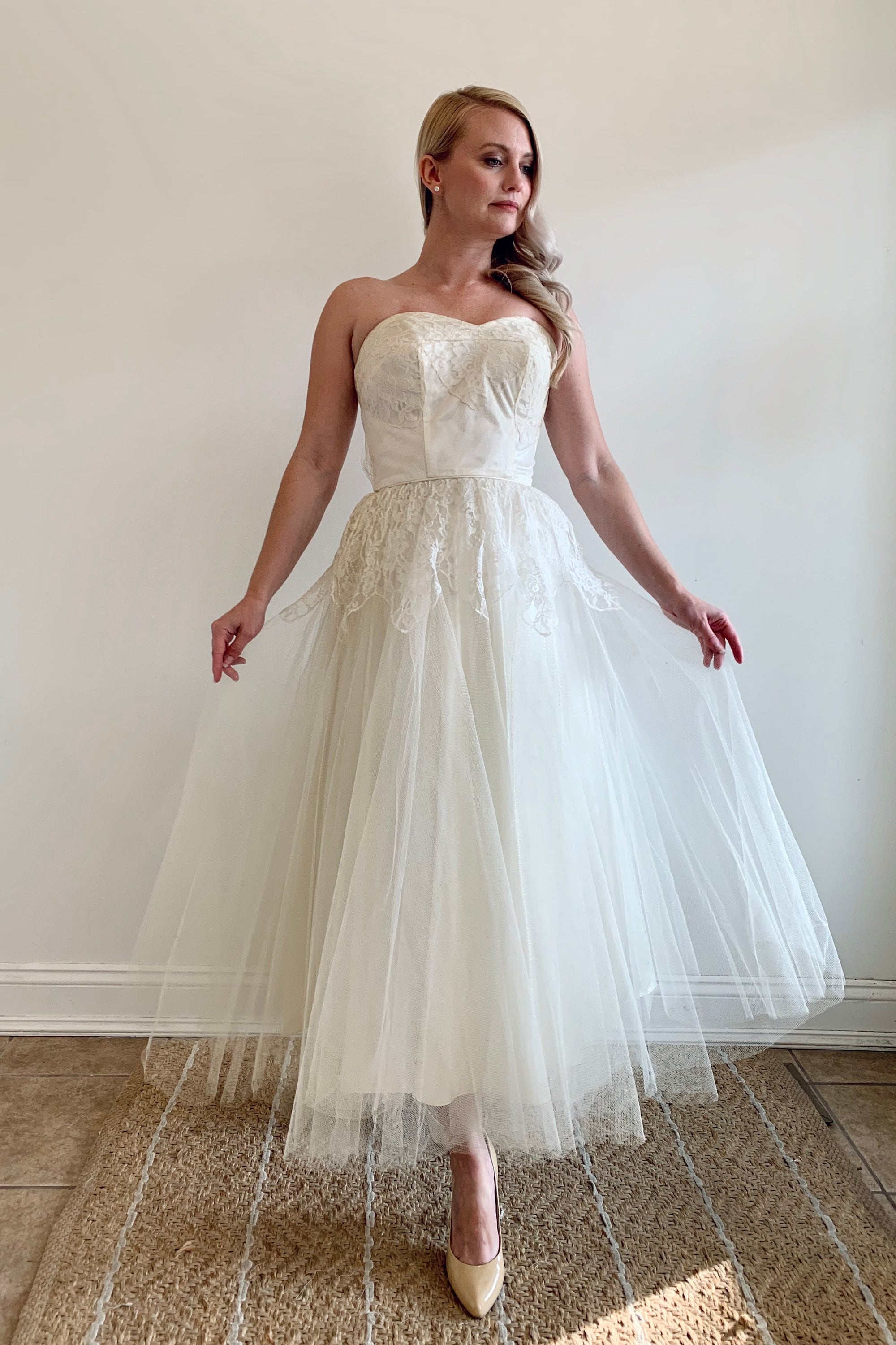 Vintage 1950's Tea Length Tulle and Lace Wedding Dress - Elopement, Bridal Shower, Engagement Vintage 1950's Tea Length Tulle and Lace Wedding Dress - Elopement, Bridal Shower, Engagement