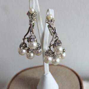 Vintage Silver tone and Pearl tone Dangle Earrings - Bridal, Wedding, Anniversary