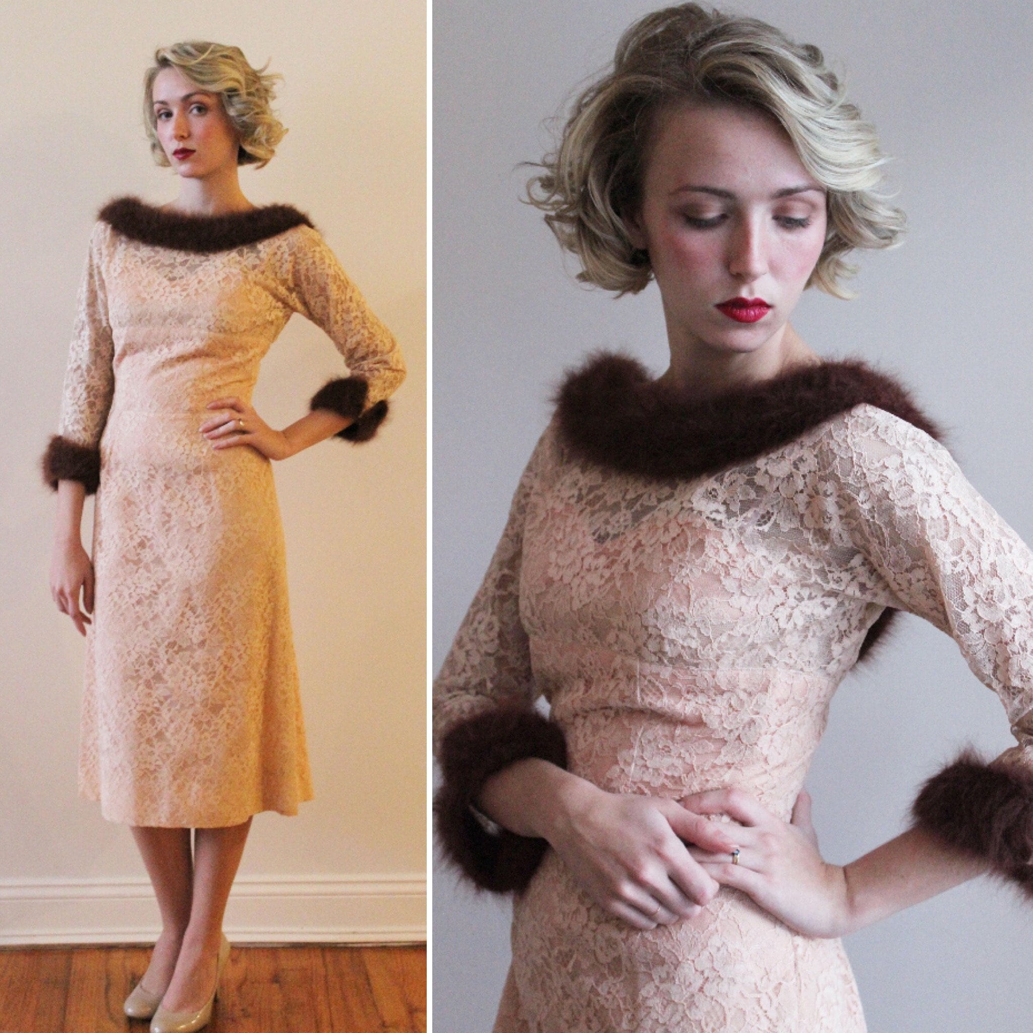 Vintage 1950s 60s Blush Lace Party Dress With Faux Fur Collar and