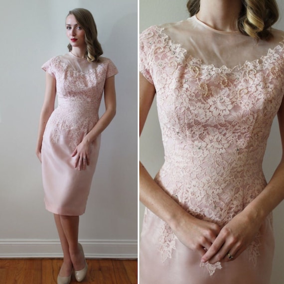 Vintage 1950's Short Sleeve Pink Party Dress with… - image 1