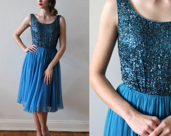 1960's Sapphire Blue Sequin and Silk Chiffon Party Dress