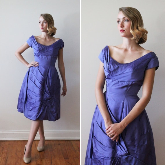 Vintage 1960's Violet / Blue Satin Party Dress wi… - image 1