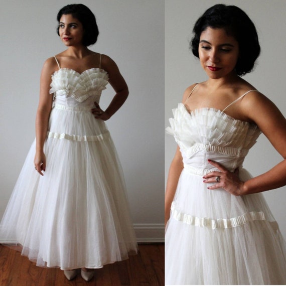 1950s Tea Length Tulle Wedding Dress