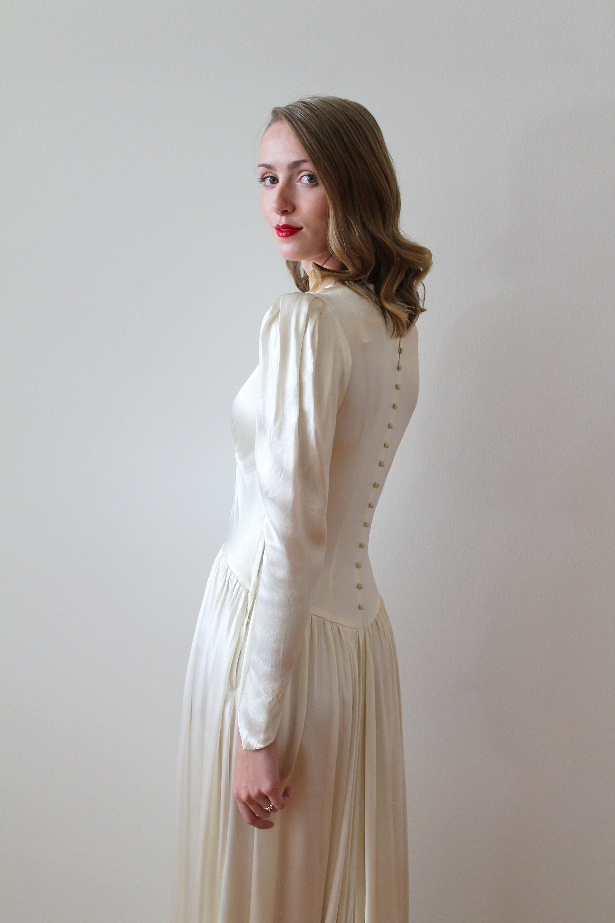 vintage silk charmeuse wedding dress Heavenly Antique 1930s Liquid Silk Charmeuse Wedding Gown with a Stunning Cathedral Train Alencon Lace Shoulder and Collar Detail