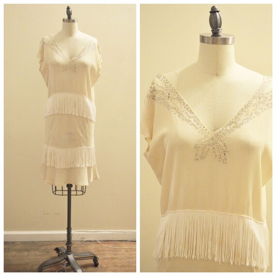 Vintage 1920's Cream and Ivory Fringe Tea Length F