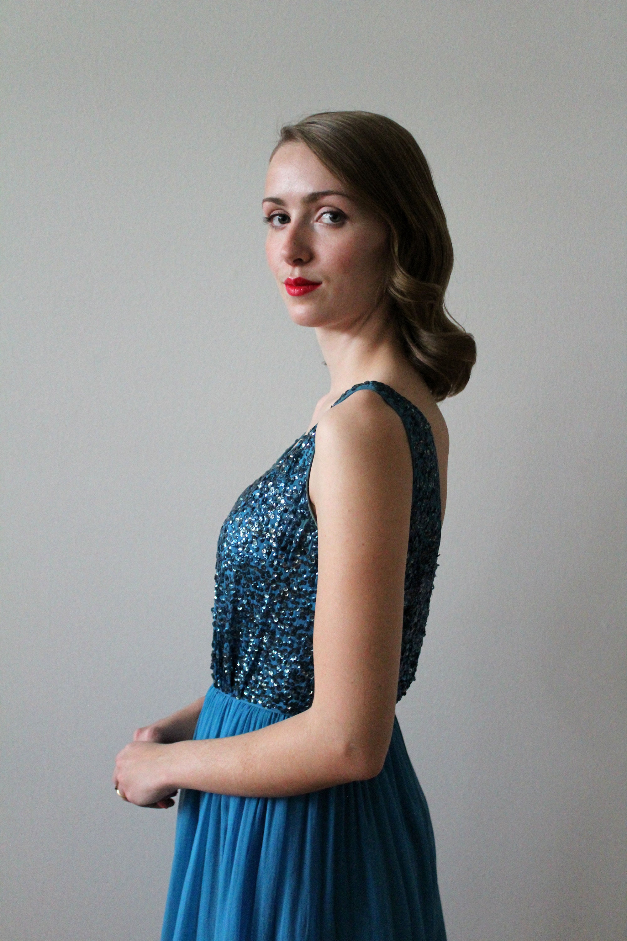 white christmas dresses Sapphire Off-Shoulder Cap Sleeves Sequined Mermaid Dress main image 1