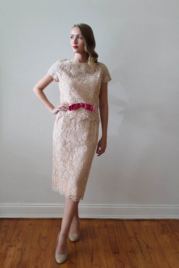 Vintage 1950's -60's Pink French Lace Party Dress… - image 3