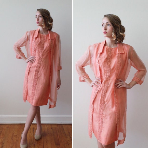 Vintage 1960s Coral Party Dress with Matching Jac… - image 1