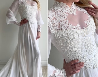 Vintage 1980s Long Sleeve Wedding Gown with French Lace and Beading