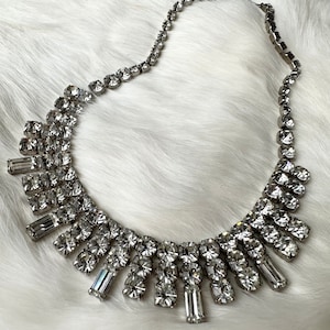 Vintage 1950s Statement Necklace with Baguette and Round Clear Crystal Rhinestones