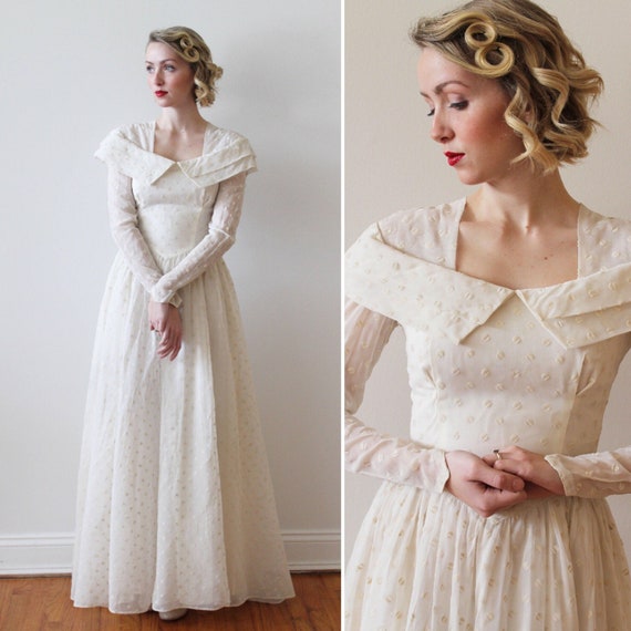 Vintage 1940s Long Sleeved Polka Dot Wedding Gown