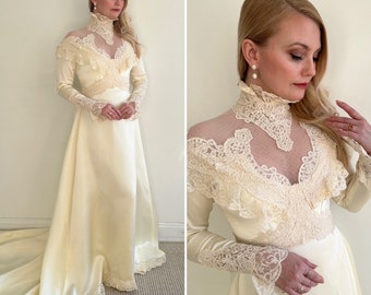 Vintage 1970s Candlelight Ivory Long Sleeve Satin Wedding Gown with Floral French Lace High Neck