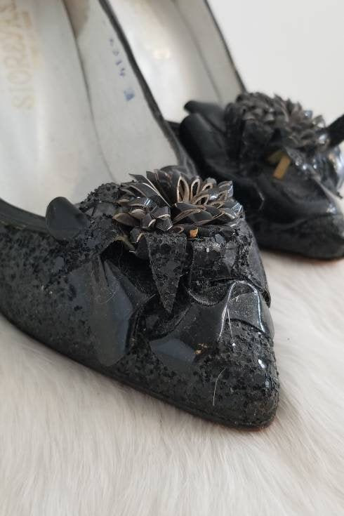 Vintage Black Glitter High Heel Pumps - Handmade, Special