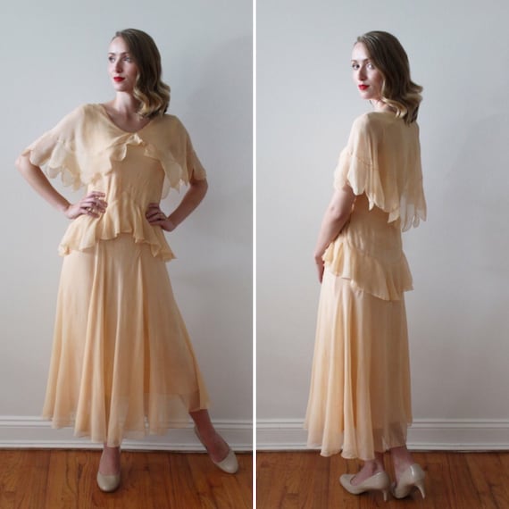 Vintage 1920's Peach Silk Wedding Dress with Scall