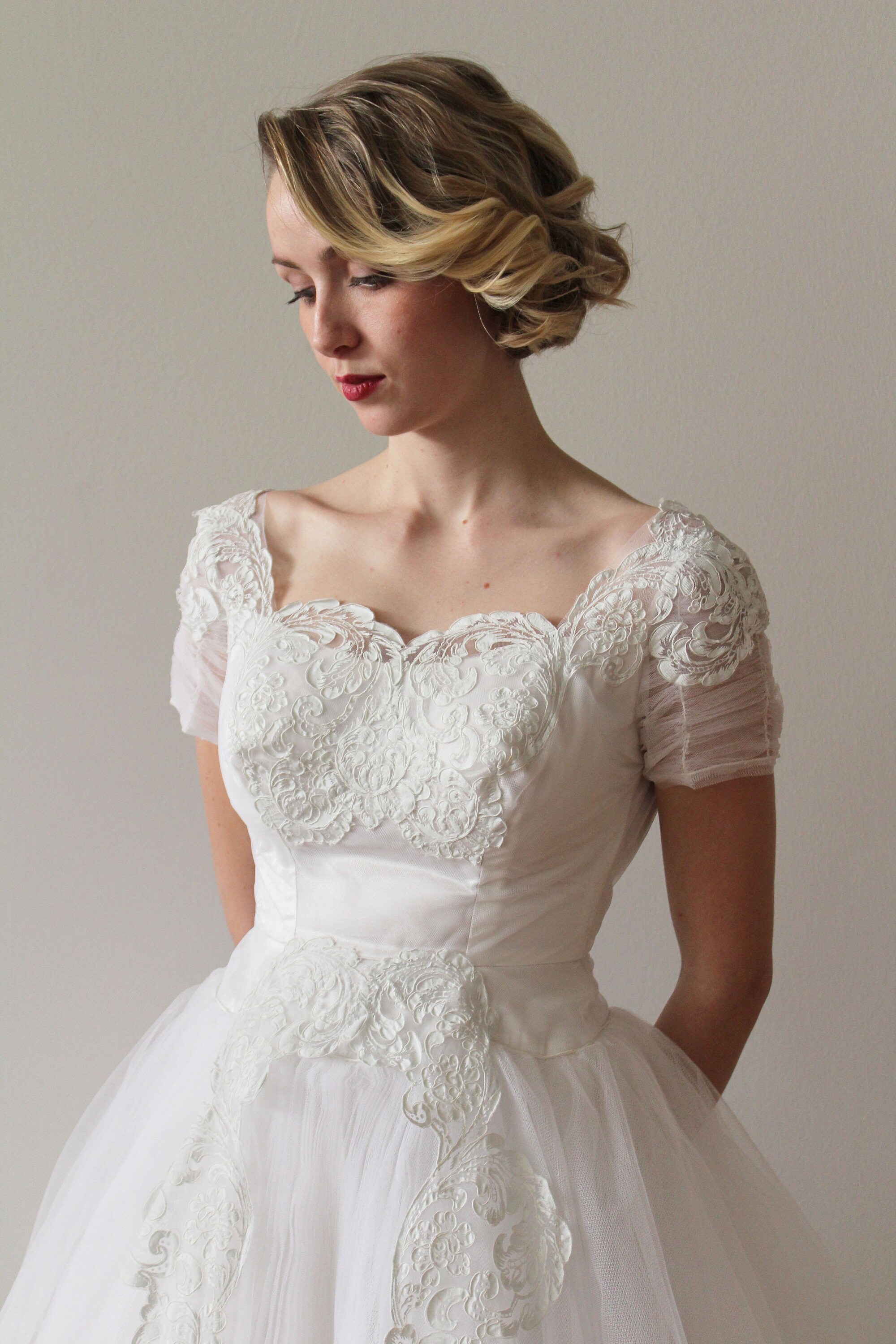 Vintage 1950s Slight off the Shoulder Short Sleeved Wedding Dress with Hand Painted Lace Details